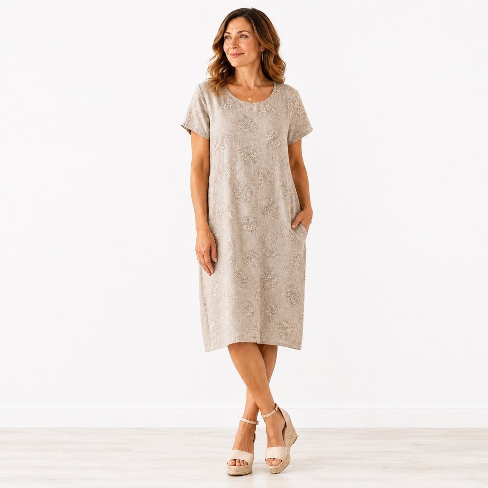 Tina Stephens Linen Dress Shift Made In Italy Leaf Jacquard Pockets One Size New